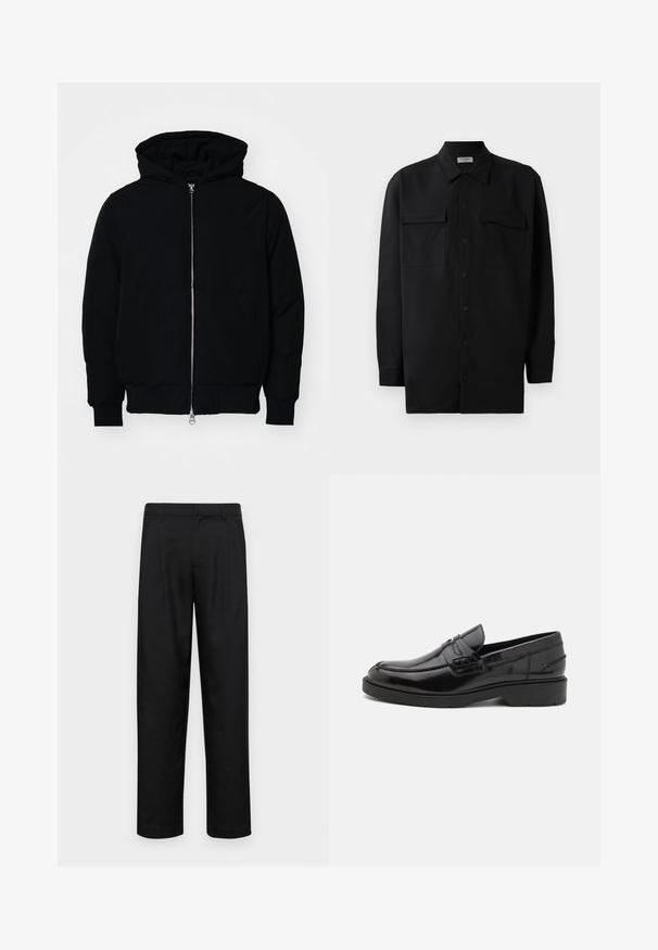 Sort hættejakke med frontlynlås, kængurulomme, ribbede manchetter og kant, præsenteret på en ensfarvet hvid baggrund.; Sort skjorte med knapper lavet af glat stof, med klassisk krave, to frontlommer og lange ærmer med knapmanchetter.; Sorte bukser lavet af glat stof, med et lige ben-design, to frontfolder og en standard talje med bæltestropper.; Sorte læder loafers med en glat finish, rund tå, lav hæl og dekorativ syning langs forsiden. Gummisål for godt greb.
