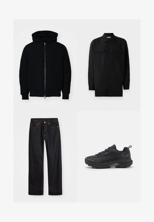 Sort hættejakke med frontlynlås, kængurulomme, ribbede manchetter og kant, præsenteret på en ensfarvet hvid baggrund.; Sort skjorte med knapper lavet af glat stof, med klassisk krave, to frontlommer og lange ærmer med knapmanchetter.; Mænds lige ben sorte denim jeans med fem lommer og orange syninger, knap- og lynlåslukning foran på taljen.; Sort trail løbesko med tekstureret mesh-overdel, forstærket gummitåhætte og robust ydersål. Reflekterende detaljer og støttende hældesign.
