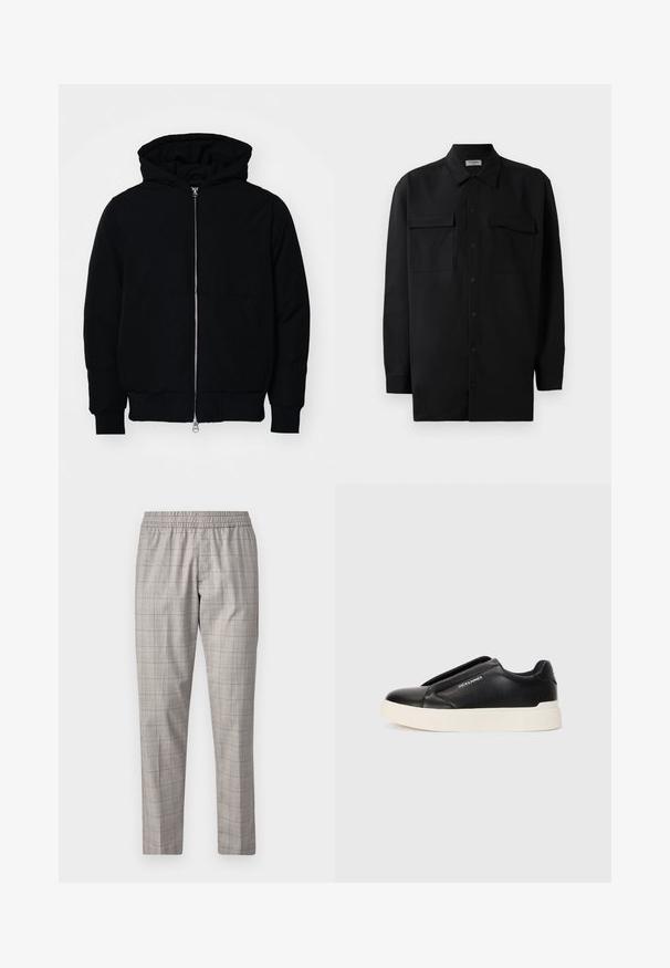 Mustat huppu-untuvatakki, jossa on vetoketju edessä, kenguru-tasku, ribatut hihansuut ja helma, esillä yksinkertaisella valkoisella taustalla.; Musta napillinen paita, joka on valmistettu sileästä kankaasta. Paita sisältää klassisen kaulan, kaksi etutaskua ja pitkät hihat, joissa on nappivarat.; Jack & Jones PREMIUM STKANE EDWIN - Housut - otter; Musta liukusneakeri, jossa on teksturoitu nahkapinta, valkoinen kumipohja ja ei näkyviä nauhoja. Sivulla on brändin logo.