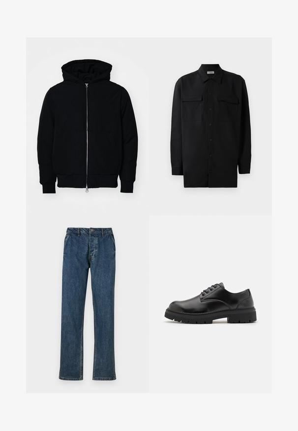 Melna kapucēta jaka ar priekšējo rāvējslēdzēju, kenguru kabatu, ribinātām aprocēm un apakšmalu, parādīta uz vienkārša balta fona.; Melnā pogu krekla, kas izgatavota no gludas auduma, ar klasisku apkakli, divām priekšējām kabatām un garām piedurknēm ar pogu aprocēm.; Zila džins šķēlums ar taisnu kāju, piecu kabatu dizains un pogu aizdare. Audumam ir viegla tekstūra ar izbalējušiem akcentiem.; Melnas ādas kurpes ar noapaļotu purngalu, mezglu dizainu un biezu, strukturētu gumijas zoli. Satur šuvju detaļas gar malu un gludu apdari.