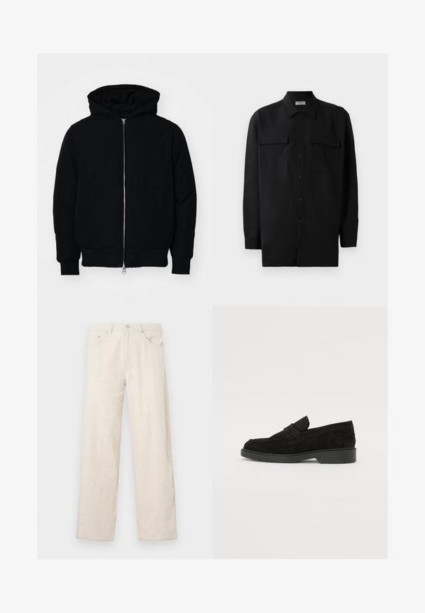 Svart hettejakke med frontglidelås, kengurulomme, ribbestrikket mansjetter og søm, vist på en ensfarget hvit bakgrunn.; Svart skjorte med knapper laget av glatt stoff, med klassisk krage, to frontlommer og lange ermer med knappe mansjetter.; Beige vide bukser laget av teksturert stoff, med en knappelukking, beltehemper og klassisk lommeutforming.; Sorte semskede loafers med lav hæl, der har en enkel rem henover toppen og teksturerede detaljer langs siderne.