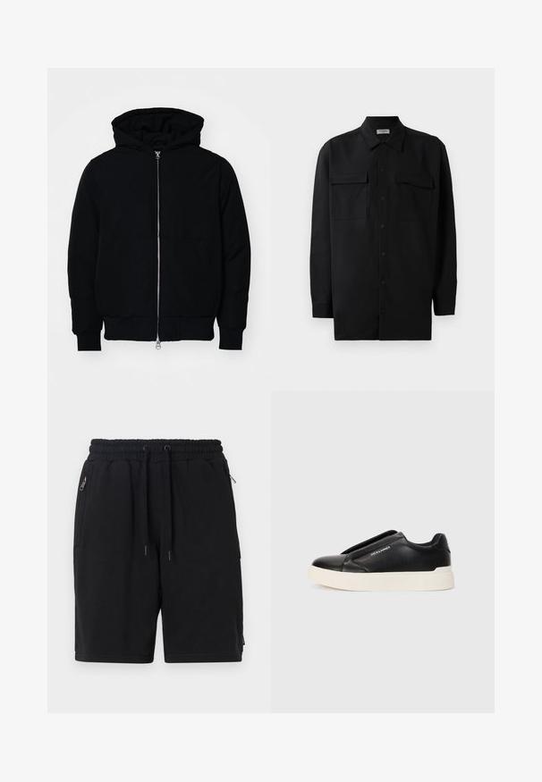 Chaqueta negra con capucha, cierre frontal, bolsillo tipo canguro, y puños y dobladillo acanalados, exhibida sobre un fondo blanco liso.; Camisa negra de botones, fabricada en tejido suave, con un cuello clásico, dos bolsillos delanteros y mangas largas con puños de botón.; Pantalones cortos negros de tela suave, con una cinturilla elástica y cordón, dos bolsillos laterales con cremallera y un diseño sencillo.; Zapatillas negras sin cordones con parte superior de cuero texturizado, suela de goma blanca y sin cordones visibles. Presenta el logo de la marca en el costado.