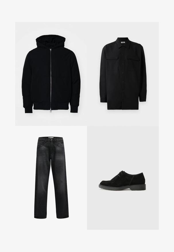 Black hooded jacket with front zipper, kangaroo pocket, ribbed cuffs, and hem, displayed on a plain white background.; Black button-up shirt made of smooth fabric, featuring a classic collar, two front pockets, and long sleeves with button cuffs.; Black straight-leg jeans made of denim, featuring front pockets, a zip fly, and subtle fading on the fabric. No visible logos or embellishments.; Black suede dress shoe with a rounded toe, contrasting stitching, and a rubber sole. Features minimal lacing and a smooth upper design.