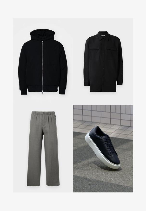 Zwarte hoodie met rits aan de voorkant, kangoeroe-pocket, geribbelde manchetten en zoom, weergegeven op een effen witte achtergrond.; Zwarte button-up shirt gemaakt van gladde stof, met een klassieke kraag, twee voorzakken en lange mouwen met knopenmanchetten.; Grijze linnen broek met een relaxte pasvorm, elastische tailleband, knoopsluiting en rechte benen. Soepele textuur, minimalistisch ontwerp.; Zwarte leren sneaker met een ronde neus en een witte rubberen zool. Voorzien van platte veters en minimale stiksels op het bovenwerk. Textuurrijke zool voor grip.