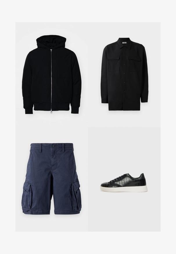 Veste à capuche noire avec fermeture éclair sur le devant, poche kangourou, poignets et ourlet côtelés, présentée sur un fond blanc uni.; Chemise noire à manches longues en tissu lisse, dotée d'un col classique, de deux poches devant et de poignets à boutons.; Shorts cargo bleu marine en coton. Ils disposent de plusieurs poches latérales, d'une fermeture à bouton et d'une coupe décontractée. Texture lisse et design durable.; Baskets noires avec un dessus en cuir gaufré effet crocodile, bout rond et semelle en caoutchouc blanc contrastant avec une finition lisse.