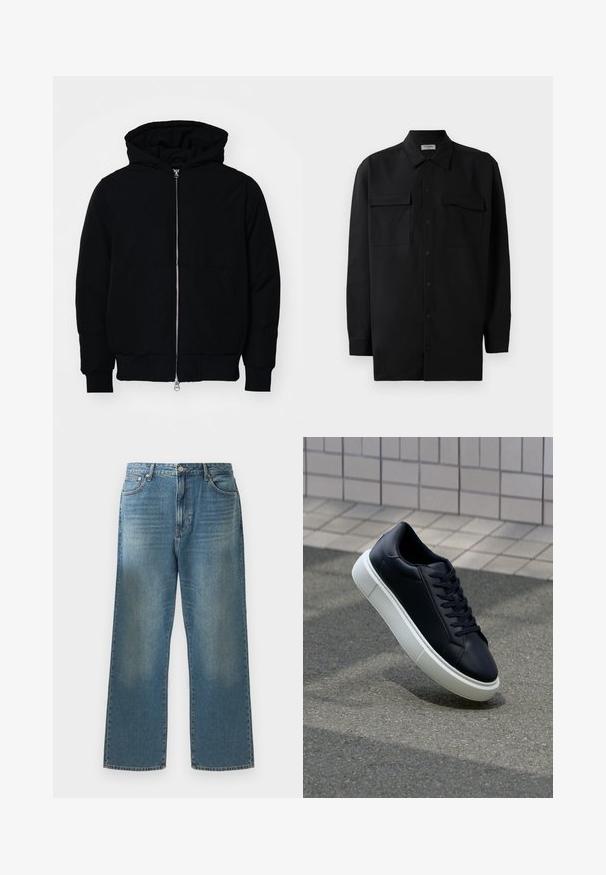 Juodas gobtuvėlis su priekiniu užtrauktuku, kengūros tipo kišene, lygiais rankogaliais ir apvadu, pateiktas ant vientiso balto fono.; Juodas marškinis su mygtukais, pagamintas iš lygaus audinio, turi klasikinius apykaklės, du priekiniai kišeniai ir ilgus rankovės su mygtukais.; Mėlyni džinsai su plačiu kojų kirpimu, turintys išblukusį skalbimą, klasikį penkių kišenių dizainą ir metalinį užsegimą juosmens srityje.; Juodas odinis sportbačius su apvaliu pirštu ir baltu gumuotu padu. Turi plokščias raišteles ir minimalų siuvimą viršuje. Padangos tekstūra užtikrina sukibimą.