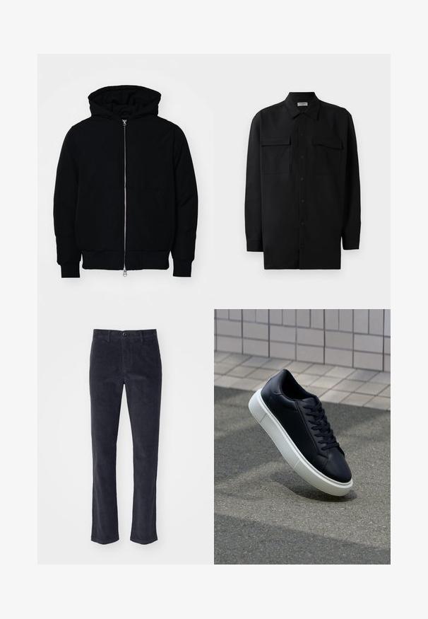 Schwarze Kapuzenjacke mit Frontreißverschluss, Kängurutasche, gerippten Bündchen und Saum, auf einem schlichten weißen Hintergrund präsentiert.; Schwarzes Hemd mit Knopfleiste aus glattem Stoff, das einen klassischen Kragen, zwei Brusttaschen und lange Ärmel mit Knopfmanschetten aufweist.; Dunkelgraue Cordhosen mit geradem Bein, ausgestattet mit einem vorderen Knopfverschluss und Seitentaschen. Weicher Stoff mit vertikalen Rillen.; Schwarze Leder-Sneaker mit runder Zehenpartie und weißer Gummisohle. Verfügt über flache Schnürsenkel und minimale Nähte im Obermaterial. Strukturiertes Sohlenprofil für besseren Halt.
