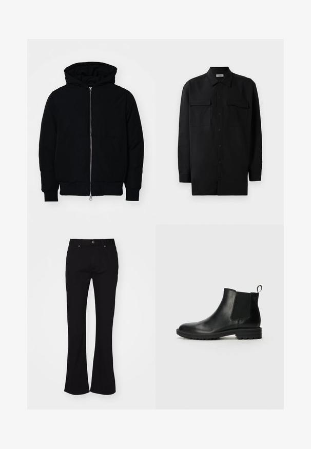 Juodas gobtuvėlis su priekiniu užtrauktuku, kengūros tipo kišene, lygiais rankogaliais ir apvadu, pateiktas ant vientiso balto fono.; Juodas marškinis su mygtukais, pagamintas iš lygaus audinio, turi klasikinius apykaklės, du priekiniai kišeniai ir ilgus rankovės su mygtukais.; Juodos aukštai juosmens platėjančios džinsinės kelnės su priekine saga ir penkių kišenių dizainu, pristatomos baltame fone.; Jack & Jones JFWHOSKINS - Klasikiniai aulinukai - anthracite