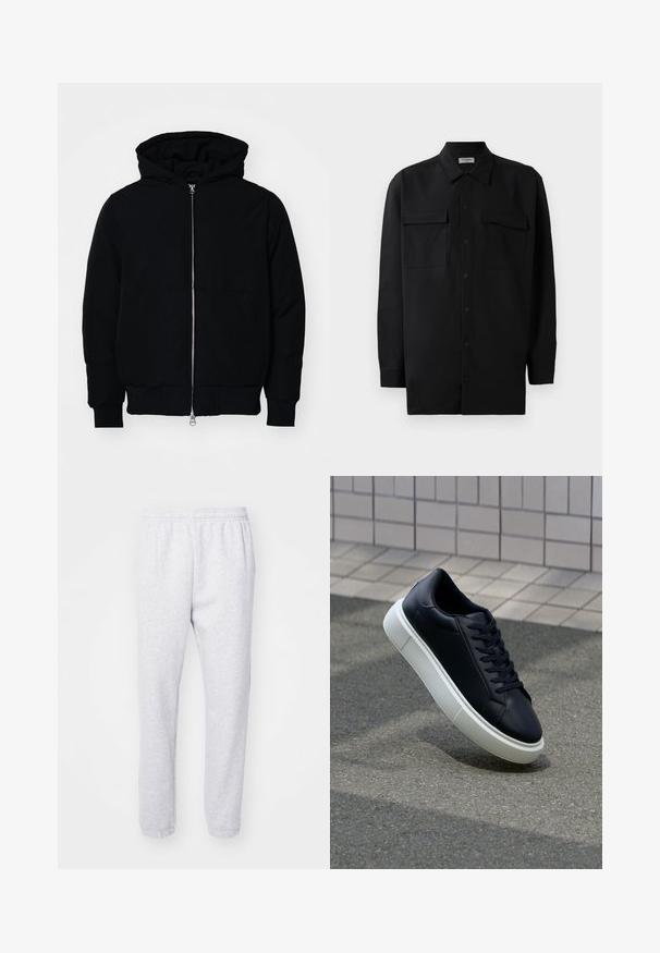 Čierna kapucňová bunda s predným zipsom, klokaními vreckami, rebrovanými manžetami a lemom, zobrazená na bielom pozadí.; Čierna košeľa na gombíky vyrobená z hladkej tkaniny, so klasickým golierom, dvoma prednými vreckami a dlhými rukávmi s gombíkovými manžetami.; Svetlo šedé teplákové nohavice vyrobené z mäkkej bavlnenej zmesi, s elastickým pásom a priliehavými manžetami na členkoch. Žiadne viditeľné vzory ani logá.; Čierne kožené tenisky s okrúhlou špičkou a bielou gumovou podrážkou. Majú ploché šnúrky a minimálne šitie na vrchu. Textúrovaná podrážka pre lepšiu priľnavosť.