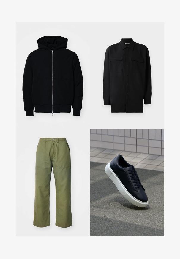 Jachetă neagră cu glugă, cu fermoar în față, buzunar tip kangaroo, mansete și tiv ribbed, prezentată pe un fundal alb simplu.; Cămașă neagră cu nasturi, confecționată dintr-un material neted, având un guler clasic, două buzunare frontale și mâneci lungi cu manșete cu nasturi.; Pantaloni largi de culoare verde măsliniu, confecționați dintr-un material rezistent, având fermoar la braguă, buzunare frontale și detalii simple de cusătură.; Tenis cu piele neagră, cu vârful rotund și talpă din cauciuc alb. Are șireturi plate și cusături minime pe suprafață. Tălpile texturate oferă aderență.