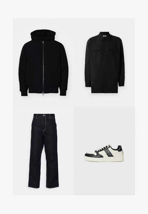 Crna kapuška jakna s prednjim zatvaračem, kenguru džepom, rebrastim manžetama i rubom, prikazana na običnoj bijeloj pozadini.; Crna košulja s dugim rukavima od glatkog materijala, s klasičnom kragnom, dva prednja džepa i dugmadima na manžetama.; Crne traperice od denima sa ravnim krojem, kontrastnim bijelim šavovima, zatvaranjem na dugme i dva prednja džepa.; Kožne tenisice s crno-bijelom paletom boja, koje imaju perforirane akcentne detalje, podstavljeni ovratnik i teksturiranu potplat.