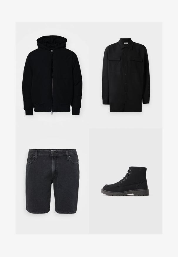 Černá kapucňová bunda s předním zipem, klokaní kapsou, vroubkovanými manžetami a spodním lemem, vystavená na čistém bílém pozadí.; Černá košile na knoflíky vyrobená z hladké tkaniny, s klasickým límcem, dvěma předními kapsami a dlouhými rukávy s knoflíkovými manžetami.; Černé džíny šortky s klasickým designem, mají přední knoflíkové zapínání, poutka na opasek a pět kapes. Lehce vybledlý vzhled.; Černé kotníkové boty z broušené kůže a syntetického materiálu. Zaoblená špička, šest výstuží s kovovými tkaničkami, silná gumová podrážka a minimální textový detail.