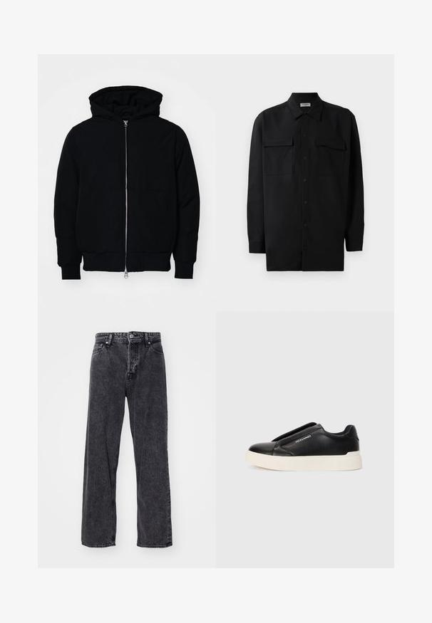 Black hooded jacket with front zipper, kangaroo pocket, ribbed cuffs, and hem, displayed on a plain white background.; Black button-up shirt made of smooth fabric, featuring a classic collar, two front pockets, and long sleeves with button cuffs.; Jack & Jones JJIALEX JJORIGINAL - Baggy Jeans - black denim; Black slip-on sneaker with textured leather upper, white rubber sole, and no visible laces. Features brand logo on the side.