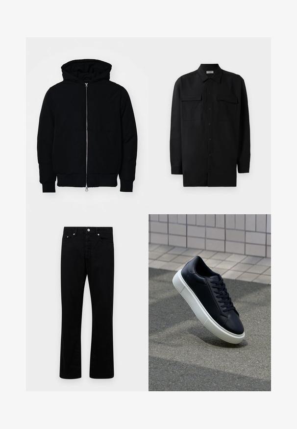 Črna kapuca jakna s sprednjim zadrgo, kenguru žepom, rebrastimi manšetami in hemom, razstavljena na enostavni beli ozadju.; Črn srajčni zgornji del iz gladkega materiala, s klasičnim ovratnikom, dvema sprednjima žepoma in dolgimi rokavi z gumbi na manšetah.; Črne kavbojke s ravnim krojem, opremljene s petimi žepi, gumbom in srebrnimi detajli. Gladka tekstura.; Črne usnjene superge z zaobljenim prstom in belim gumijastim podplat. Imajo ravne vezalke in minimalno šivanje na zgornjem delu. Teksturirani podplat za oprijem.