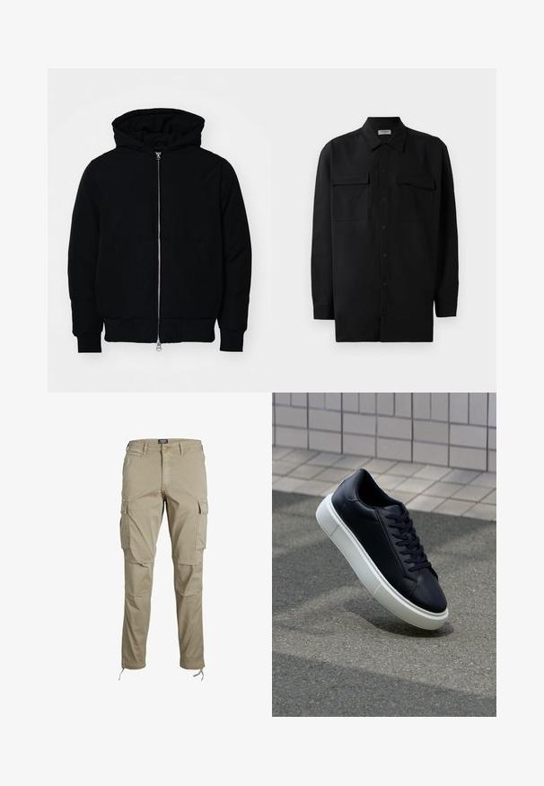 Mustaga kapuutsiga jakk, millel on esineed, kenguru tasku, soonikkoes, ja alläär, esitatud lihtsal valgel taustal.; Mustmust värvi nööpidega särk, mis on valmistatud sujuvast kangast, klassikalise kraega, kahe eesmise tasku ja pikkade varrukatega, millel on nööpidega mansetid.; Jack & Jones JWHACE JJTUCKER ANA - Kargopüksid - dune; Mustast nahast tennisetoss, millel on ümar nina ja valge kummist tall. Omab siredaid paelu ja minimaalset õmblemist ülemises osas. Tekstuuriga tald, mis tagab haakuvuse.