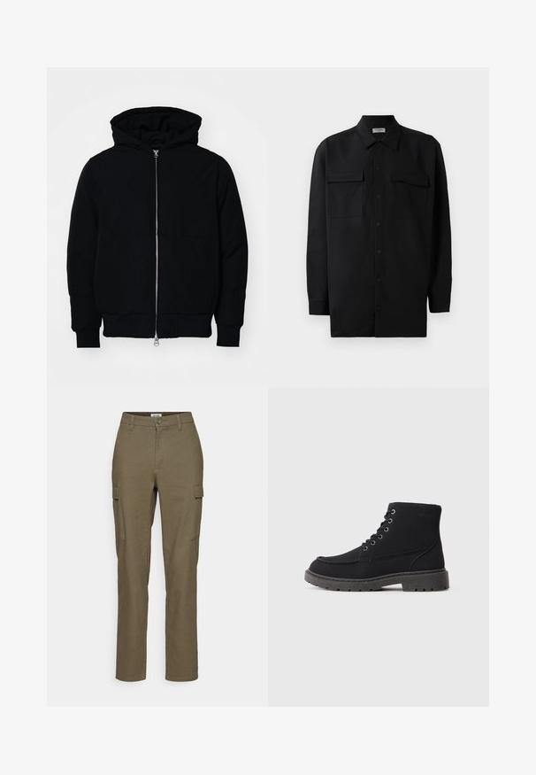 Black hooded jacket with front zipper, kangaroo pocket, ribbed cuffs, and hem, displayed on a plain white background.; Black button-up shirt made of smooth fabric, featuring a classic collar, two front pockets, and long sleeves with button cuffs.; Olive green cargo pants with straight legs, featuring two side pockets, a button closure, and a textured fabric.; Black ankle boots made of suede and synthetic material. Rounded toe, six eyelets with metallic laces, thick rubber sole, and minimal text detail.