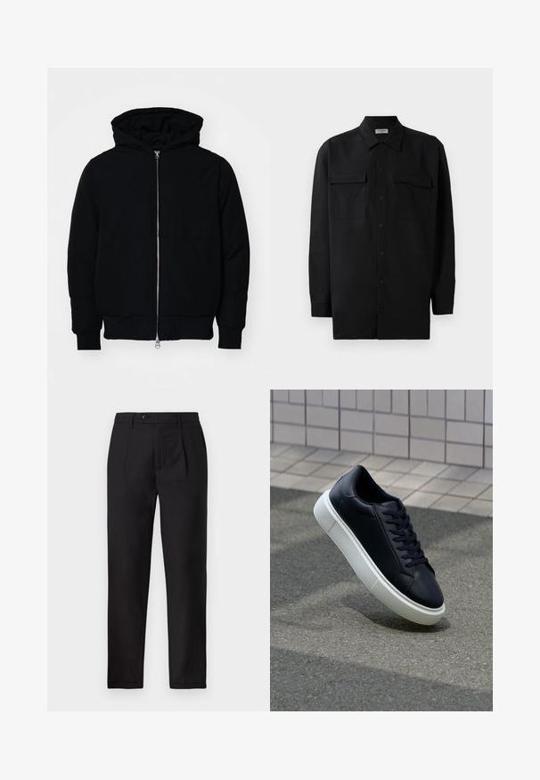 Veste à capuche noire avec fermeture éclair sur le devant, poche kangourou, poignets et ourlet côtelés, présentée sur un fond blanc uni.; Chemise noire à manches longues en tissu lisse, dotée d'un col classique, de deux poches devant et de poignets à boutons.; Pantalon noir en tissu texturé, avec une coupe droite, des plis devant et une fermeture à bouton unique à la taille.; Baskets noires en cuir avec bout arrondi et semelle en caoutchouc blanc. Elles présentent des lacets plats et une couture minimale sur la tige. Semelle texturée pour une bonne adhérence.