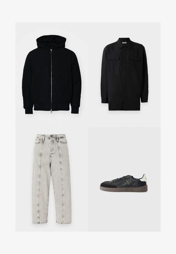 Black hooded jacket with front zipper, kangaroo pocket, ribbed cuffs, and hem, displayed on a plain white background.; Black button-up shirt made of smooth fabric, featuring a classic collar, two front pockets, and long sleeves with button cuffs.; Gray high-waisted jeans with a loose fit, featuring a straight leg design, visible stitching, and distressed texture.; Replay POLYS SCENT - Trainers - black/off white