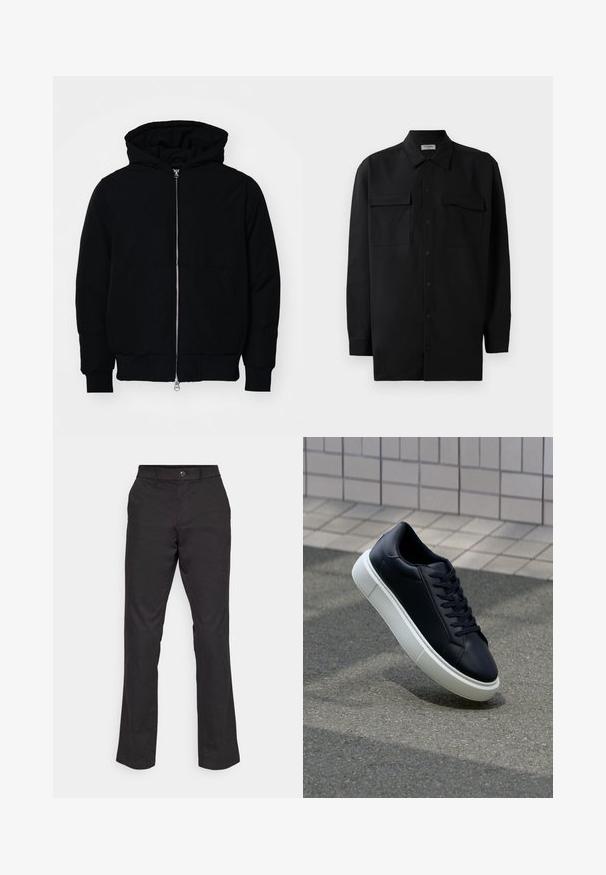 Črna kapuca jakna s sprednjim zadrgo, kenguru žepom, rebrastimi manšetami in hemom, razstavljena na enostavni beli ozadju.; Črn srajčni zgornji del iz gladkega materiala, s klasičnim ovratnikom, dvema sprednjima žepoma in dolgimi rokavi z gumbi na manšetah.; GAP STRAIGHT PERFORMANCE - Hlače - true black; Črne usnjene superge z zaobljenim prstom in belim gumijastim podplat. Imajo ravne vezalke in minimalno šivanje na zgornjem delu. Teksturirani podplat za oprijem.