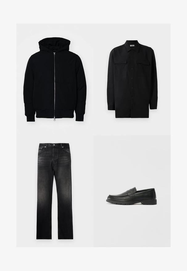 Giacca nera con cappuccio, dotata di zip frontale, tasca a marsupio, polsini e orlo a coste, esposta su uno sfondo bianco semplice.; Camicia nera con bottoni realizzata in tessuto morbido, dotata di colletto classico, due tasche frontali e maniche lunghe con polsini a bottone.; Jeans in denim nero con un taglio diritto, caratterizzati da un effetto sfumato, design a cinque tasche e dettagli in metallo.; Mocassini neri in pelle con una finitura liscia, parte superiore in stile mocassino, dettagli cuciti e suola in gomma. Design classico con tacco basso.