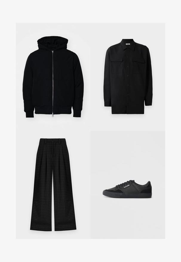 Mustat huppu-untuvatakki, jossa on vetoketju edessä, kenguru-tasku, ribatut hihansuut ja helma, esillä yksinkertaisella valkoisella taustalla.; Musta napillinen paita, joka on valmistettu sileästä kankaasta. Paita sisältää klassisen kaulan, kaksi etutaskua ja pitkät hihat, joissa on nappivarat.; Mustat ruudulliset leveät housut, joissa on laskokset, sileä rakenne ja klassinen muotoilu. Kevyt kangas mukavuutta varten.; Mustat lenkkitossut, joissa on yhdistelmä nahkaa ja mokkaa, pyöreillä kengännauhoilla, teksturoidulla kumipohjalla ja merkkilogo sivulla.