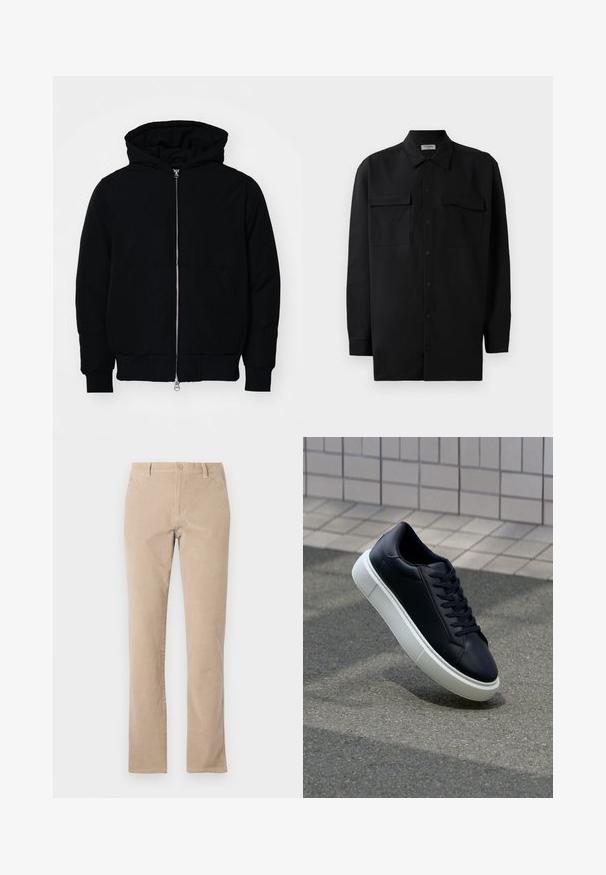 Crna kapuška jakna s prednjim zatvaračem, kenguru džepom, rebrastim manžetama i rubom, prikazana na običnoj bijeloj pozadini.; Crna košulja s dugim rukavima od glatkog materijala, s klasičnom kragnom, dva prednja džepa i dugmadima na manžetama.; Bež hlače od pamučnog kordura s ravnim nogavicama, s kopčanjem na gumb, pet džepova i glatkom teksturom.; Crne kožne tenisice s zaobljenim vrhom i bijelim gumiranim potplatom. Imaju ravne vezice i minimalno šivanje na gornjem dijelu. Teksturirani potplat za bolje prianjanje.