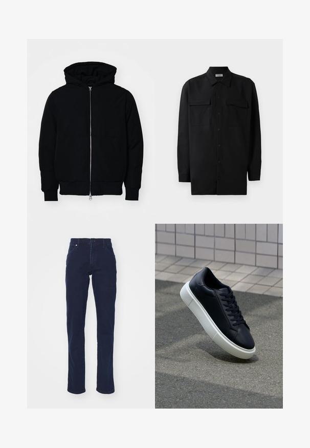 Juodas gobtuvėlis su priekiniu užtrauktuku, kengūros tipo kišene, lygiais rankogaliais ir apvadu, pateiktas ant vientiso balto fono.; Juodas marškinis su mygtukais, pagamintas iš lygaus audinio, turi klasikinius apykaklės, du priekiniai kišeniai ir ilgus rankovės su mygtukais.; Tamsiai mėlyni džinsai su tiesia kojų kirpimu, priekinėmis kišenėmis ir mygtukų uždarymu. Pasižymi lygiu paviršiumi ir minimaliais siuvimo detalėmis.; Juodas odinis sportbačius su apvaliu pirštu ir baltu gumuotu padu. Turi plokščias raišteles ir minimalų siuvimą viršuje. Padangos tekstūra užtikrina sukibimą.