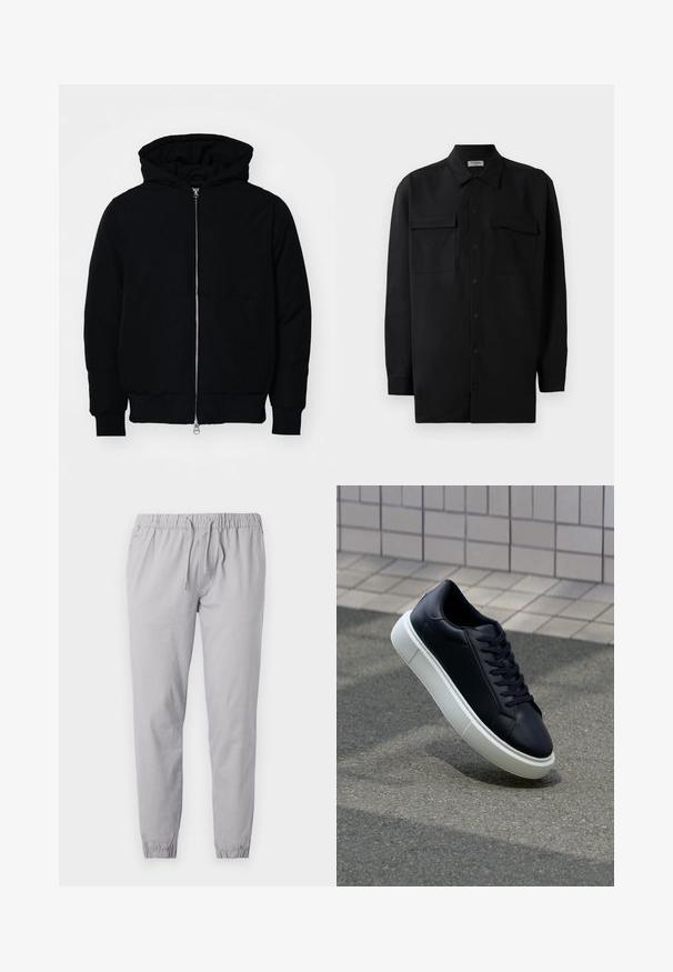 Mustat huppu-untuvatakki, jossa on vetoketju edessä, kenguru-tasku, ribatut hihansuut ja helma, esillä yksinkertaisella valkoisella taustalla.; Musta napillinen paita, joka on valmistettu sileästä kankaasta. Paita sisältää klassisen kaulan, kaksi etutaskua ja pitkät hihat, joissa on nappivarat.; Vaaleanharmaat jumppapöksyt, jotka on valmistettu pehmeästä kankaasta. Niissä on joustava vyötärönauha, jossa on naru, ja kapenevat hihaosat, joissa on rypytetty viimeistely.; Mustat nahkakengät, joissa on pyöristetty kärki ja valkoinen kumipohja. Varusteena litteät nauhat ja minimaalinen ommel ylhäällä. Teksturoitu pohja pitävyyden lisäämiseksi.