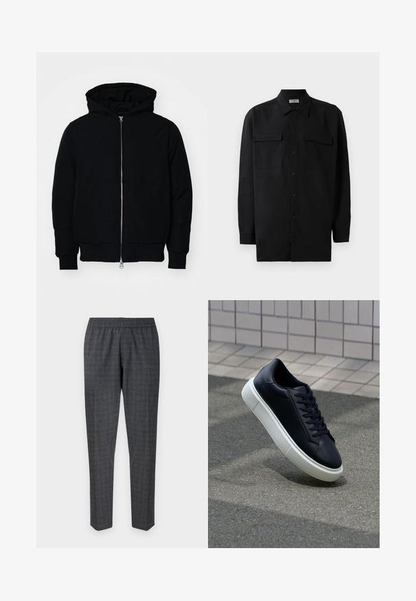 Crna kapuška jakna s prednjim zatvaračem, kenguru džepom, rebrastim manžetama i rubom, prikazana na običnoj bijeloj pozadini.; Crna košulja s dugim rukavima od glatkog materijala, s klasičnom kragnom, dva prednja džepa i dugmadima na manžetama.; Sive karirane hlače s elastičnim pojasom i suženim nogavicama, izrađene od teksturirane tkanine s suptilnim uzorkom.; Crne kožne tenisice s zaobljenim vrhom i bijelim gumiranim potplatom. Imaju ravne vezice i minimalno šivanje na gornjem dijelu. Teksturirani potplat za bolje prianjanje.