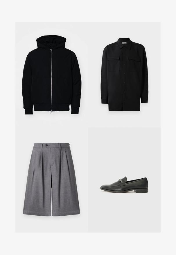 Chaqueta negra con capucha, cierre frontal, bolsillo tipo canguro, y puños y dobladillo acanalados, exhibida sobre un fondo blanco liso.; Camisa negra de botones, fabricada en tejido suave, con un cuello clásico, dos bolsillos delanteros y mangas largas con puños de botón.; Pantalones cortos grises a medida hechos de una tela suave, con pliegues, cierre de botón y una cintura precisa para un ajuste estructurado.; Mocasín de cuero negro con un acabado suave, que cuenta con un diseño de costura y un acento decorativo de cadena de metal en el empeine. Tacón plano.