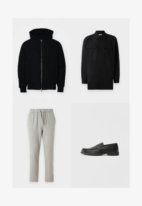 Čierna kapucňová bunda s predným zipsom, klokaními vreckami, rebrovanými manžetami a lemom, zobrazená na bielom pozadí.; Čierna košeľa na gombíky vyrobená z hladkej tkaniny, so klasickým golierom, dvoma prednými vreckami a dlhými rukávmi s gombíkovými manžetami.; Svetlosivé teplákové nohavice s elastickým pásom a šnúrkou na sťahovanie, so zúženými nohami a textúrovanou tkaninou pre zvýšený komfort.; Čierne kožené mokasíny s hladkým povrchom, vrchnou časťou v štýle mokasín, prešitým detailom a gumovou podrážkou. Klasický dizajn s nízkym podpätkom.