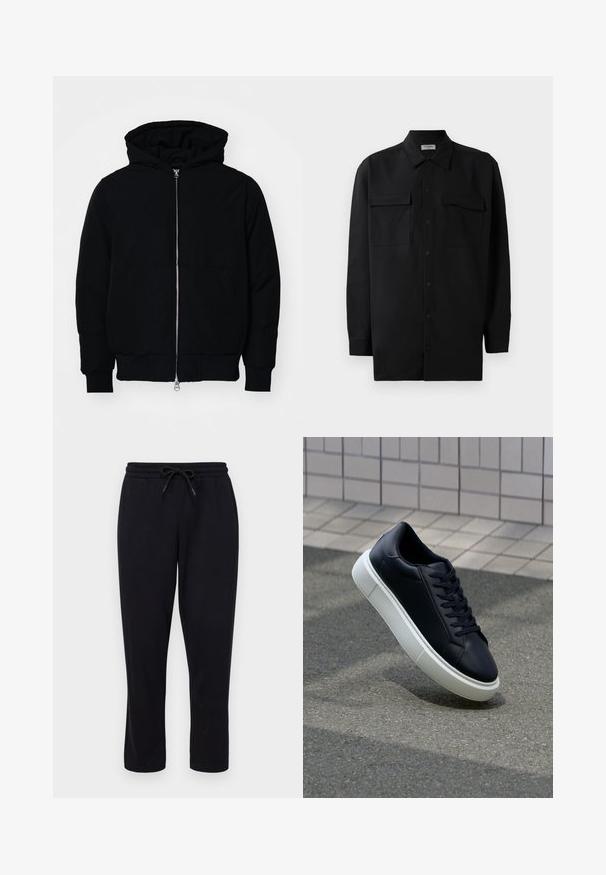 Juodas gobtuvėlis su priekiniu užtrauktuku, kengūros tipo kišene, lygiais rankogaliais ir apvadu, pateiktas ant vientiso balto fono.; Juodas marškinis su mygtukais, pagamintas iš lygaus audinio, turi klasikinius apykaklės, du priekiniai kišeniai ir ilgus rankovės su mygtukais.; Only & Sons ONSCONNOR STRAIGHT PANTS - Treningo apatinė dalis - black; Juodas odinis sportbačius su apvaliu pirštu ir baltu gumuotu padu. Turi plokščias raišteles ir minimalų siuvimą viršuje. Padangos tekstūra užtikrina sukibimą.