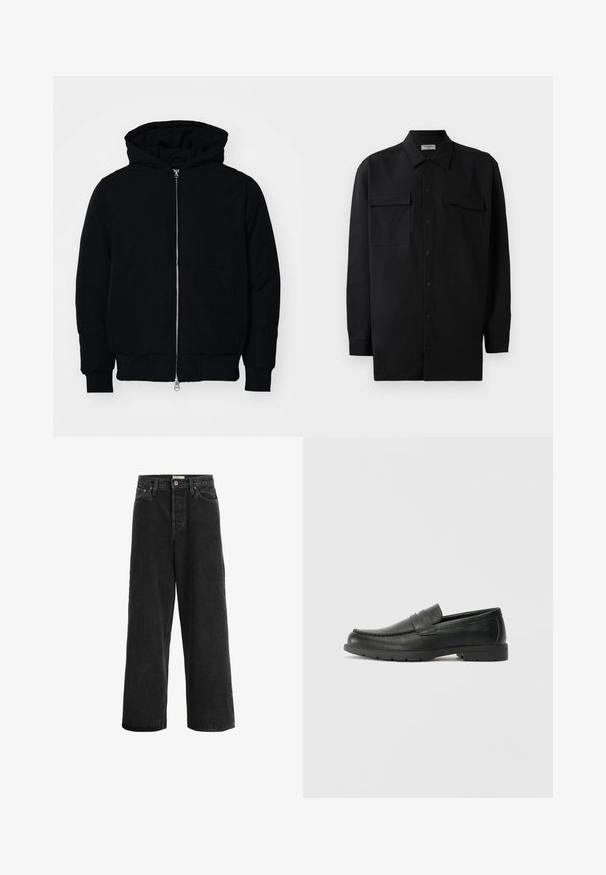 Mustaga kapuutsiga jakk, millel on esineed, kenguru tasku, soonikkoes, ja alläär, esitatud lihtsal valgel taustal.; Mustmust värvi nööpidega särk, mis on valmistatud sujuvast kangast, klassikalise kraega, kahe eesmise tasku ja pikkade varrukatega, millel on nööpidega mansetid.; Mustad laiad mustad teksapüksid on valmistatud teksakangast. Neil on kõrge vöökoht, kaks eesmist taskut, nupuvääristus ning peened õmbluse detailid.; Musthave nahkkingad siledast nahast, mokassiini stiilis ülevalt, tikanditega ja kummist tallaga. Klassikaline disain madala kontsaga.