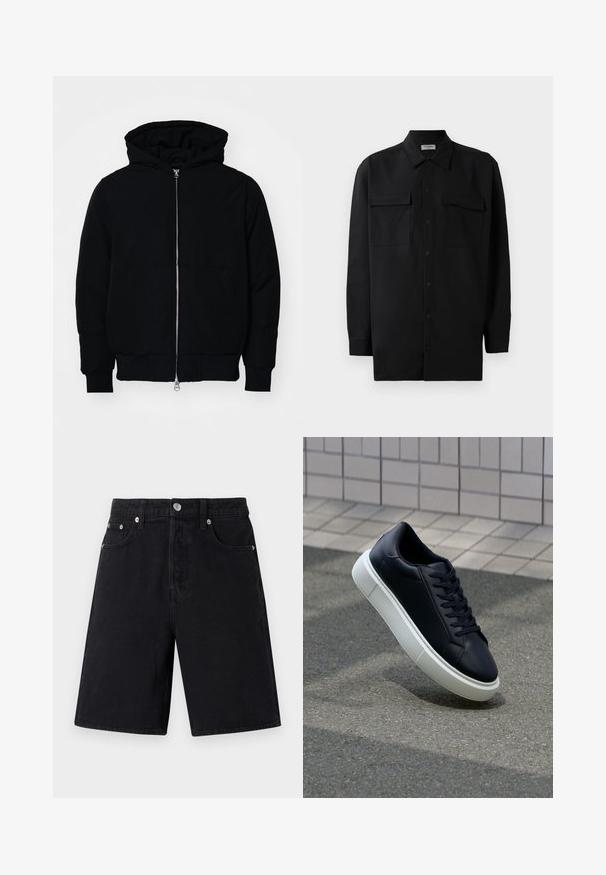 Juodas gobtuvėlis su priekiniu užtrauktuku, kengūros tipo kišene, lygiais rankogaliais ir apvadu, pateiktas ant vientiso balto fono.; Juodas marškinis su mygtukais, pagamintas iš lygaus audinio, turi klasikinius apykaklės, du priekiniai kišeniai ir ilgus rankovės su mygtukais.; Juodi džinsiniai šortai su tiesiu kirpimu. Ypatybės: užtrauktukas, penkios kišenės, sidabrinės detalės ir subtilus tekstūruotas paviršius.; Juodas odinis sportbačius su apvaliu pirštu ir baltu gumuotu padu. Turi plokščias raišteles ir minimalų siuvimą viršuje. Padangos tekstūra užtikrina sukibimą.