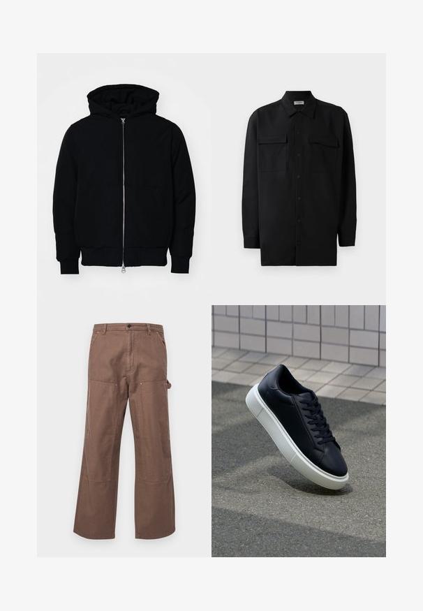 Zwarte hoodie met rits aan de voorkant, kangoeroe-pocket, geribbelde manchetten en zoom, weergegeven op een effen witte achtergrond.; Zwarte button-up shirt gemaakt van gladde stof, met een klassieke kraag, twee voorzakken en lange mouwen met knopenmanchetten.; Bruine katoenen cargobroek met een ontspannen pasvorm, zijzakken en grote knieën voor extra duurzaamheid en stijl.; Zwarte leren sneaker met een ronde neus en een witte rubberen zool. Voorzien van platte veters en minimale stiksels op het bovenwerk. Textuurrijke zool voor grip.