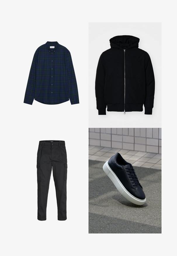 Crna kapuška jakna s prednjim zatvaračem, kenguru džepom, rebrastim manžetama i rubom, prikazana na običnoj bijeloj pozadini.; Navy i zeleni karirani košulja sa dugim rukavima, okruglim rubom i ovratnikom. Ima dvanaest dugmadi. Mekana tekstura tkanine.; Crne cargo hlače izrađene od čvrstog materijala, s brojnim džepovima, kopčanjem na gumb i dizajnom koji pomaže da se prilagode tijelu sa suženim nogavicama.; Crne kožne tenisice s zaobljenim vrhom i bijelim gumiranim potplatom. Imaju ravne vezice i minimalno šivanje na gornjem dijelu. Teksturirani potplat za bolje prianjanje.
