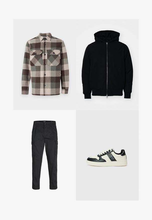 Giacca nera con cappuccio, dotata di zip frontale, tasca a marsupio, polsini e orlo a coste, esposta su uno sfondo bianco semplice.; Camicia a quadri in tonalità marrone, verde e beige. Presenta un colletto, due tasche sul petto e chiusure a bottoni lungo il davanti. Tessuto testurizzato.; Pantaloni cargo neri realizzati in un tessuto resistente, dotati di molteplici tasche, chiusura con bottone e un design aderente con gambe affusolate.; Sneakers in pelle con una combinazione di colori nero e crema, dotati di dettagli perforati, collare imbottito e suola testurizzata.
