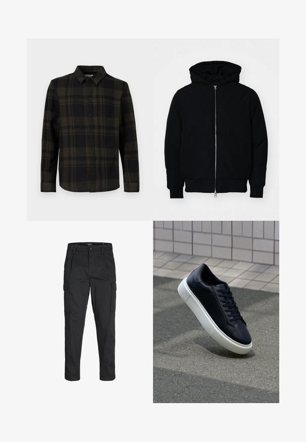 Veste à capuche noire avec fermeture éclair sur le devant, poche kangourou, poignets et ourlet côtelés, présentée sur un fond blanc uni.; Chemise à carreaux noirs et verts foncés en tissu, avec patte de boutonnage, manches longues et col classique.; Pantalons cargo noirs en tissu résistant, dotés de plusieurs poches, d'une fermeture par bouton et d'une coupe slim avec des jambes fuselées.; Baskets noires en cuir avec bout arrondi et semelle en caoutchouc blanc. Elles présentent des lacets plats et une couture minimale sur la tige. Semelle texturée pour une bonne adhérence.