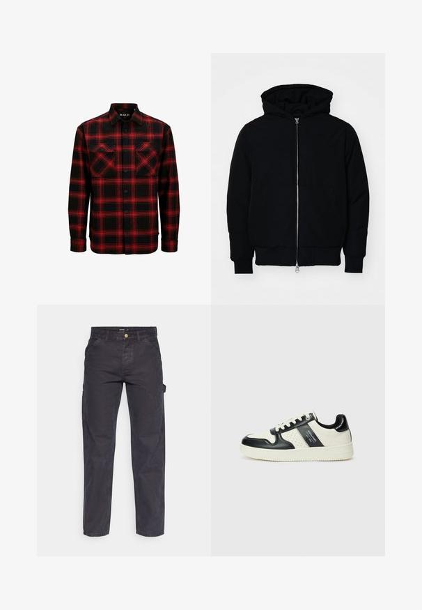 Sort hættejakke med frontlynlås, kængurulomme, ribbede manchetter og kant, præsenteret på en ensfarvet hvid baggrund.; Rød og sort ternet flannelskjorte med to brystlommer, knaplukning foran og krave. Fremstillet af blødt, tekstureret stof.; Mørkegrå cargo-bukser lavet af slidstærkt stof, med lige ben, fem lommer og en knaplukning i taljen.; Lædersneakers i sort og creme farveskema, med perforerede detaljer, en polstret krave og en struktureret ydersål.