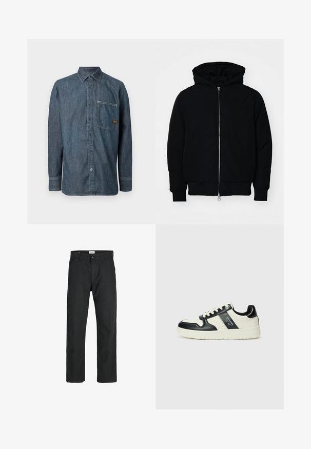 Czarna kurtka z kapturem, z suwakiem z przodu, kieszenią kangurką, ściągaczami przy mankietach i dolnym brzegu, prezentowana na jednolitym białym tle.; Dżinsowa koszula z długim rękawem, zapinana na guziki, z wyłogowym kołnierzykiem i kieszenią na piersi, z małą brązową metką z logo.; Czarne spodnie wykonane z trwałego materiału, z prostym krojem nóg, przeszyciami i dwiema przednimi kieszeniami dla funkcjonalności.; Skórzane sneakersy w czarno-kremowym schemacie kolorystycznym, z perforowanymi akcentami, wyściełanym kołnierzem i teksturowaną podeszwą.