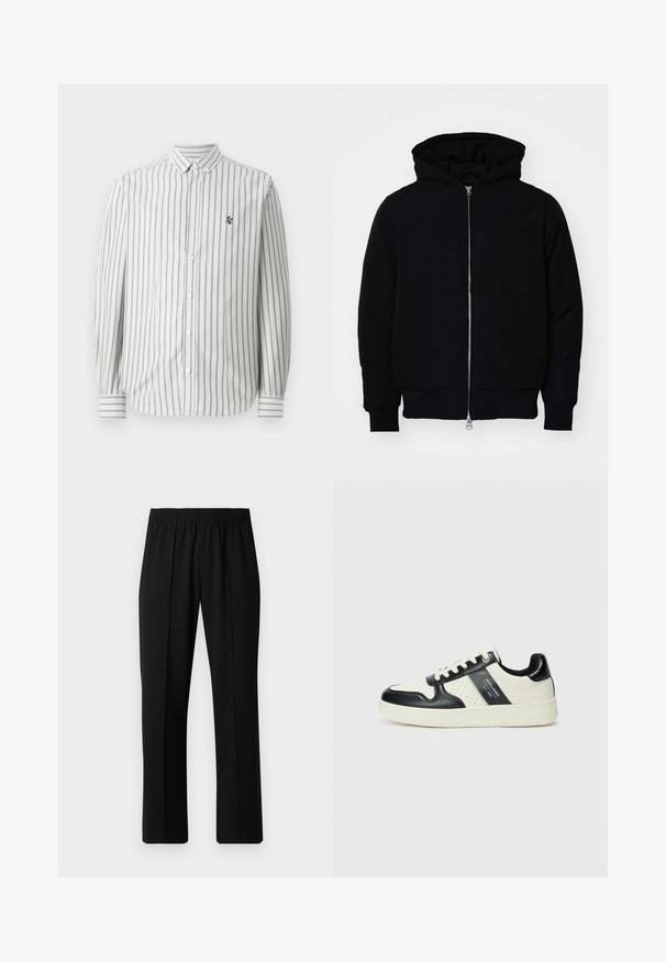 Mustat huppu-untuvatakki, jossa on vetoketju edessä, kenguru-tasku, ribatut hihansuut ja helma, esillä yksinkertaisella valkoisella taustalla.; Napapirin paidat vaaleanharmailla ja valkoisilla pystyraitoilla. Pitkät hihat, tavallinen kaulus ja pieni logo vasemmassa rinnassa. Puuvillamateriaali.; Mustat, joustavat vyötäröhousut suoralla lahkeella, joissa on sileä pinta ilman näkyviä kuvioita tai metalliosia.; Nahkakengät musta-kerma värimaailmassa, joissa on rei'itetyt yksityiskohdat, pehmustettu nilkkaosa ja teksturoitu pohja.