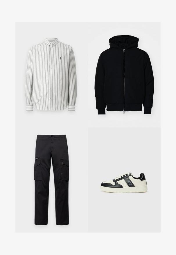 Černá kapucňová bunda s předním zipem, klokaní kapsou, vroubkovanými manžetami a spodním lemem, vystavená na čistém bílém pozadí.; Košile na knoflíky s vertikálními šedými a bílými pruhy. Dlouhé rukávy, standardní límec a malé logo na levé části hrudi. Bavlněný materiál.; Černé cargo kalhoty s několika kapsami, zipovou kapsou na stehnu, přímým střihem a pevnou bavlněnou tkaninou s lehkým leskem.; Kožené tenisky s černobílou barevnou kombinací, které mají perforované detaily, polstrovaný límec a texturovanou podrážku.