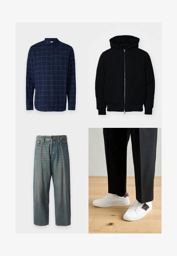 Veste à capuche noire avec fermeture éclair sur le devant, poche kangourou, poignets et ourlet côtelés, présentée sur un fond blanc uni.; Chemise boutonnière bleu marine avec un motif à carreaux et des lignes bleu clair, à manches longues, avec un col et une poche poitrine.; Jeans en denim bleu clair avec une coupe ample, taille mi-haute et jambes droites. Comprend cinq poches, des passants de ceinture et une fermeture à bouton.; Des sneakers blanches au texture lisse, avec des accents en cuir marron et des détails noirs, assorties à un pantalon noir ajusté. Fond en parquet.