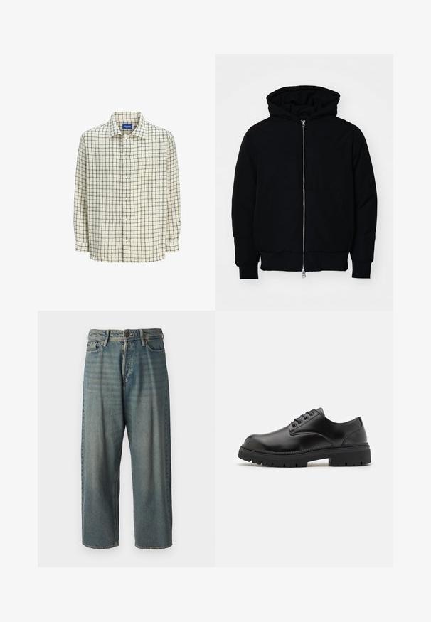 Giacca nera con cappuccio, dotata di zip frontale, tasca a marsupio, polsini e orlo a coste, esposta su uno sfondo bianco semplice.; Camicia button-up color crema con un motivo a griglia nera. Realizzata in tessuto leggero, presenta un colletto e maniche lunghe.; Jeans di denim azzurro chiaro con vestibilità ampia, vita media e gambe dritte. Presenta cinque tasche, passanti per cintura e chiusura con bottone.; Scarpe in pelle nera con punta arrotondata, design lace-up e suola in gomma spessa e testurizzata. Presentano una cucitura lungo il bordo e una finitura liscia.