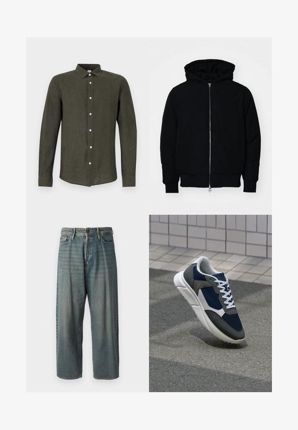 Jachetă neagră cu glugă, cu fermoar în față, buzunar tip kangaroo, mansete și tiv ribbed, prezentată pe un fundal alb simplu.; Cămașă lungă cu mâneci lungi de culoare verde închis, din in. Prezintă un sistem de închidere cu nasturi la față, cu nasturi de culoare deschisă și un guler pentru un aspect structurat.; Jeans din denim bleu deschis, cu o croială lejeră, talie medie și picioare drepte. Au cinci buzunare, bucle pentru curea și închidere cu nasture.; Adidași cu un uppers din plasă albastră închisă, accente din suede gri, talpă din cauciuc alb și șireturi plate albe, concepuți pentru confort și respirabilitate.