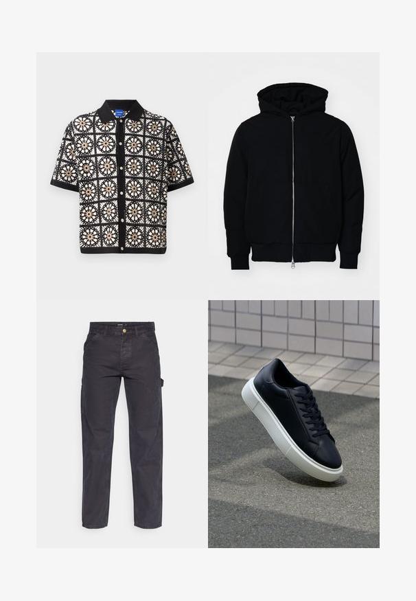 Svart hettejakke med frontglidelås, kengurulomme, ribbestrikket mansjetter og søm, vist på en ensfarget hvit bakgrunn.; Kortermet svart skjorte med intrikate hvite og beige blomsterheklemønstre, med knappestolpe foran og flat krage.; Mørkegrå cargo bukser laget av slitesterkt stoff, med rett benklipp, fem lommer og knapplukking i livet.; Sorte skinnsneakers med rund tå og hvit gummisåle. Har flate lisser og minimal søm på overdelen. Strukturert såle for grep.