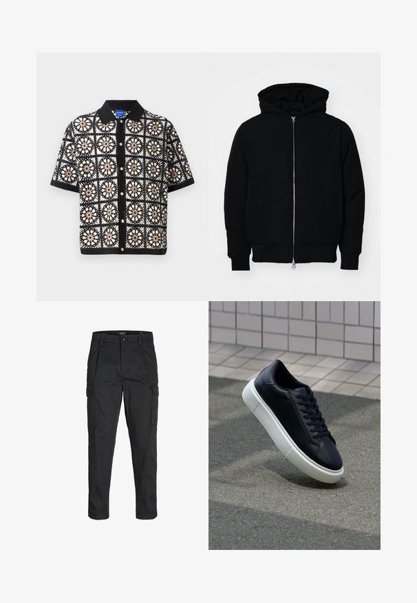 Zwarte hoodie met rits aan de voorkant, kangoeroe-pocket, geribbelde manchetten en zoom, weergegeven op een effen witte achtergrond.; Zwart shirt met korte mouwen en ingewikkelde witte en beige bloemige haakpatronen, met een knoopsluiting aan de voorkant en een platte kraag.; Zwarte cargobroek van stevig stof, met meerdere zakken, een knoopsluiting en een slim fit ontwerp met taps toelopende benen.; Zwarte leren sneaker met een ronde neus en een witte rubberen zool. Voorzien van platte veters en minimale stiksels op het bovenwerk. Textuurrijke zool voor grip.