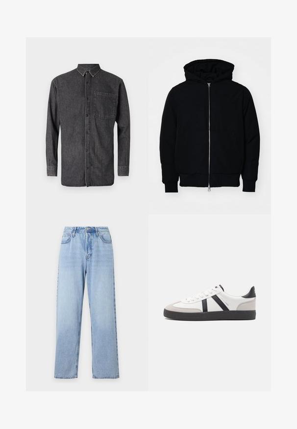 Giacca nera con cappuccio, dotata di zip frontale, tasca a marsupio, polsini e orlo a coste, esposta su uno sfondo bianco semplice.; Camicia a button-up in denim grigio scuro, con maniche lunghe, colletto e taschino sul petto, presenta una texture sbiadita e dettagli di cucitura a contrasto.; Jeans in denim blu chiaro con vestibilità dritta, vita alta, cinque tasche e chiusura con bottone superiore. Presentano un lavaggio sbiadito e cuciture a contrasto.; Sneaker bianco con accenti neri e grigi, dotata di una punta grigia testurizzata, suola in gomma nera e lacci bianchi piatti. Design pulito, stile minimalista.