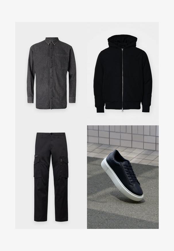 Črna kapuca jakna s sprednjim zadrgo, kenguru žepom, rebrastimi manšetami in hemom, razstavljena na enostavni beli ozadju.; Srajca z gumbki iz temno sivega denima, z dolgimi rokavi, ovratnikom in žepom na prsih z zbledelim videzom ter kontrastnimi šivi.; Črne cargo hlače z več žepi, z zadrgo na stegnu, ravnim krojem in trdnim bombažnim materialom z rahlo sijajem.; Črne usnjene superge z zaobljenim prstom in belim gumijastim podplat. Imajo ravne vezalke in minimalno šivanje na zgornjem delu. Teksturirani podplat za oprijem.