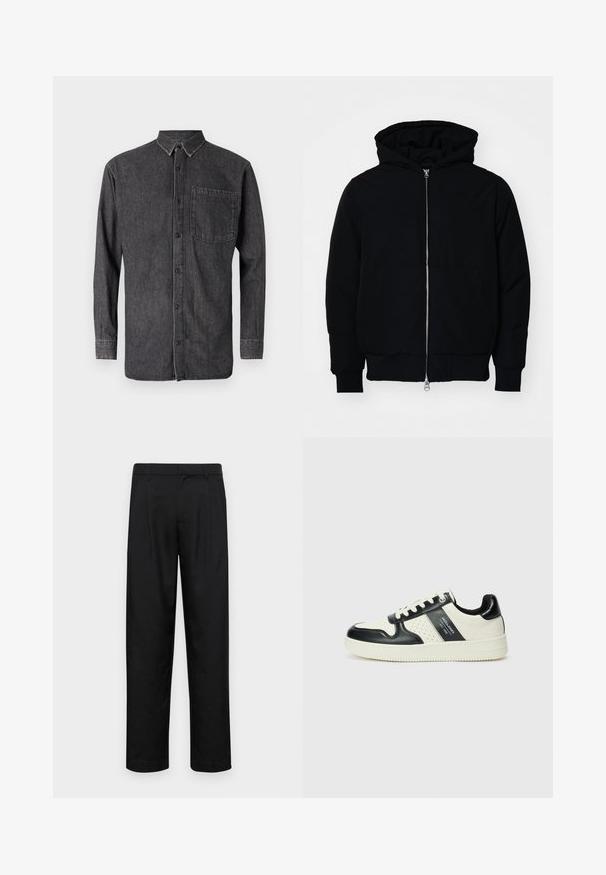 Zwarte hoodie met rits aan de voorkant, kangoeroe-pocket, geribbelde manchetten en zoom, weergegeven op een effen witte achtergrond.; Een button-up shirt in donkergrijs denim, met lange mouwen, een kraag en een borstzak met een vervaagde textuur en contrasterende stikseldetails.; Zwarte broeken van gladde stof, met een recht model, twee voorknikken en een standaard tailleband met riemlussen.; Leren sneakers met een zwart en crèmekleurig kleurenschema, voorzien van geperforeerde accenten, een gevoerde kraag en een gestructureerde buitenzool.